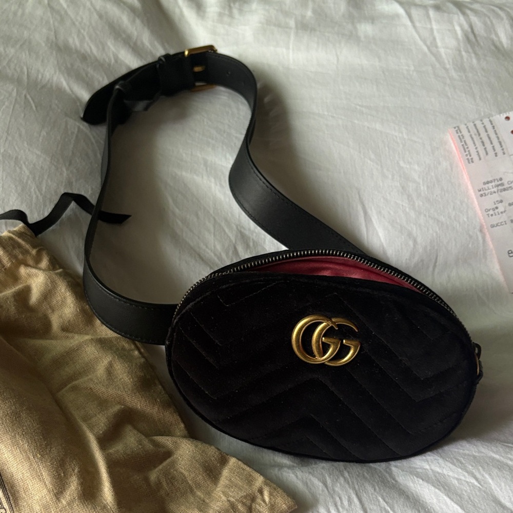 Gucci Black Velvet Belt Bag with Gold Logo